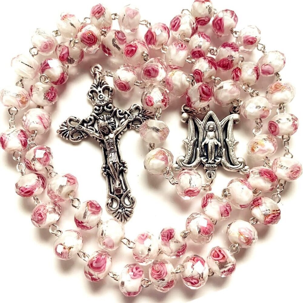 Handmade Rose Pink Veluriyam Beads Rosary Cross Catholic Necklace Gift Box